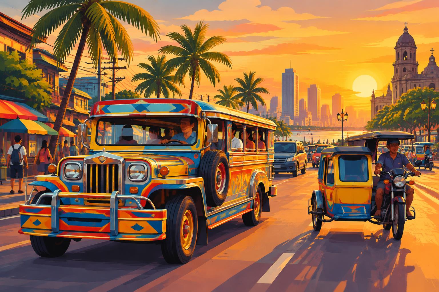 Colorful jeepney and tricycle on a Manila street at sunset